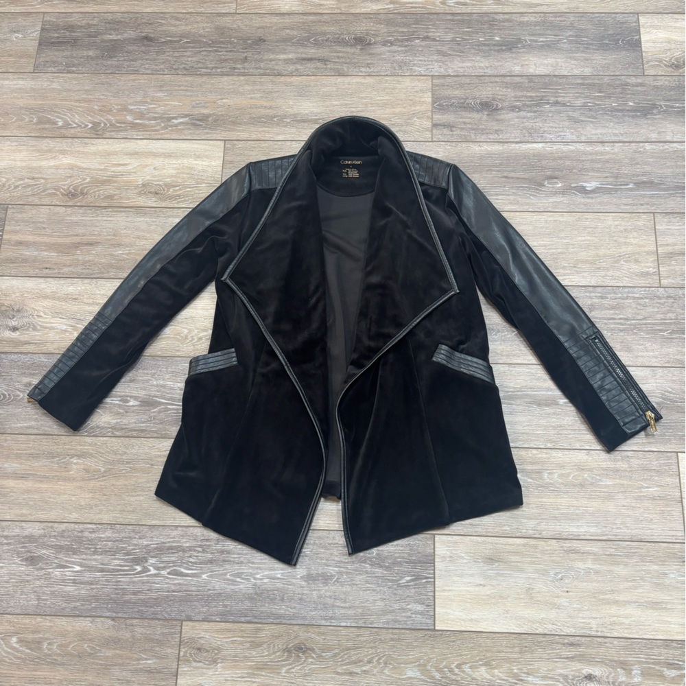 Calvin Klein Jacket Women’s Sz S Black Velvet Moto Waterfall Open Long Sleeve